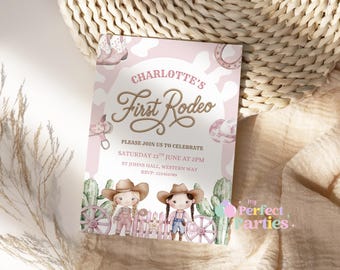 Personalised Pink Cowgirl First Rodeo Birthday Invitations | Baby Girl Western Birthday Invite | Pink Rodeo Party Invites | Pack of 10