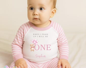 Personalised Baby Birthday Pyjamas | Pink Teddy Bear When I Wake Up PJs | 1st 2nd 3rd Birthday Striped Pyjamas Set | Pink Pyjamas