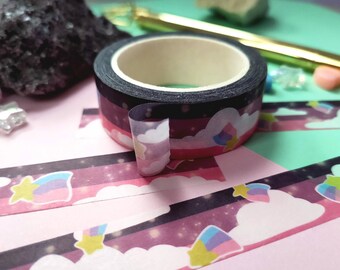 Shooting Star Washi Tape – Kawaii Stationery for Planner Scrapbooking – Purple Pink Planner Tape Sky Aesthetic - Starry Sky Masking Tape