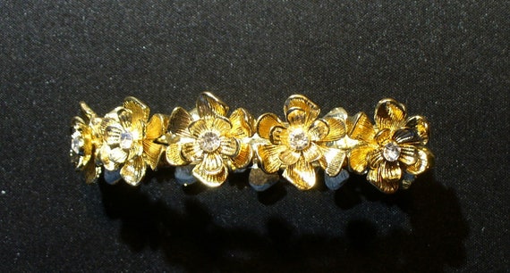 Textured Gilt & Rhinestone Designer Floral Bracel… - image 1