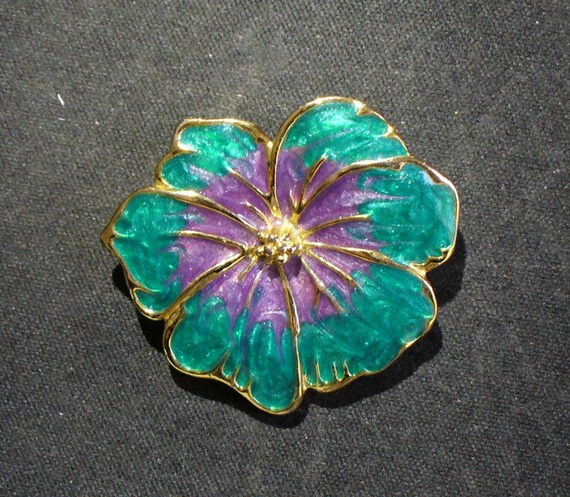 Enamel Gold Tone Floral Brooch - image 2