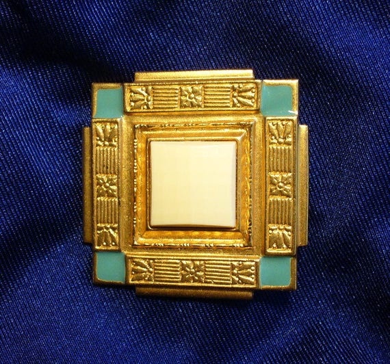 Vintage Gold, Enamel & Celluloid Brooch - image 2