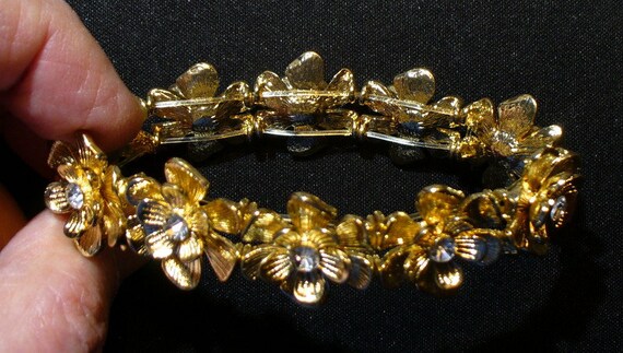 Textured Gilt & Rhinestone Designer Floral Bracel… - image 4