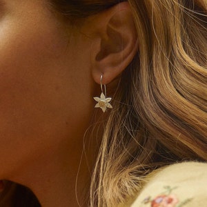 Sterling Silver Daffodil Drop Earrings: Gold Plated Welsh Flower Jewelry