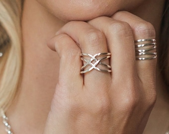 Large Silver Band Ring With Criss Cross Design, Wide Ring, Muti-Band Ring, 925 Silver