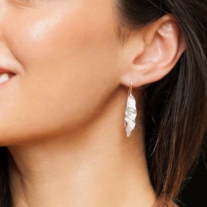 Sterling Silver Banana Leaf Earrings: Brushed Tropical Dangle