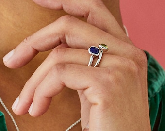 Silver Solitaire Ring With Natural Blue Lapis Lazuli, Cushion Cut Gemstone , 925 Silver Ring