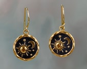 Gold Sun And Moon Earrings, Gold Hook Earrings, Citrine Gemstone Earring, Celestial Earring, Gold Vermeil
