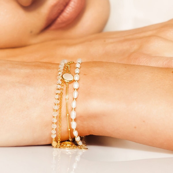 Bracelet de perles d'or, bracelet de perles de graines, bracelet d'amitié, perle d'eau douce, vermeil d'or 18 carats, bijoux de mariée