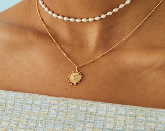 Sun Necklace With Natural White Topaz Gemstone In Gold , Celestial Jewellery, 18k Gold Vermeil, Beaded Gold Chain, Energy Stone Jewelery