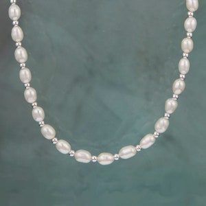 Pearl Necklace with Silver Beads, Freshwater Pearl Choker, Seed Pearl Choker, 925 Silver zdjęcie 2
