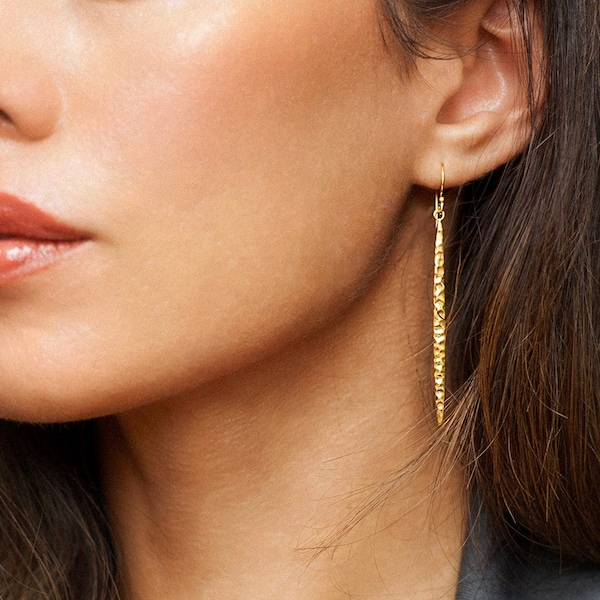 Gold Drop Earrings, Long 18K Gold Vermeil Earrings, Gold Hook Earrings, Hammered Gold Hook earrings,