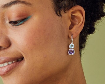 Silver Drop Earrings With Amethyst And Blue Topaz, Natural Gemstone Earrings, Hook Earrings, 925 Silver