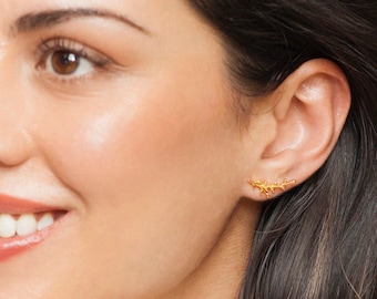 Gold Leaf Climber Earrings,  Leaf Crawler Studs, Gold Vermeil