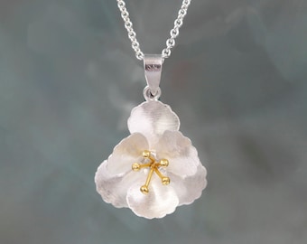 Brushed Sterling Silver Cherry Blossom Necklace: Floral Pendant