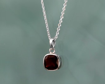 Natural Garnet Pendant in 925 Silver, 45cm Silver Chain, Square Cut Indian Garnet, January Birthstone, Natural Gemstone Jewellery