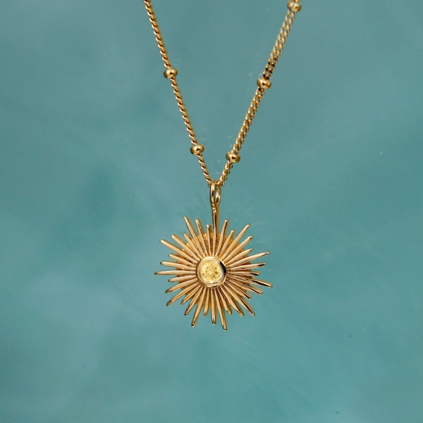 Collier Soleil Avec Pierre Précieuse Citrine Naturelle Sur Chaîne Perlée En Or Vermeil 18k, Bijoux Célestes, Pendentif Pierre De Naissance De Novembre