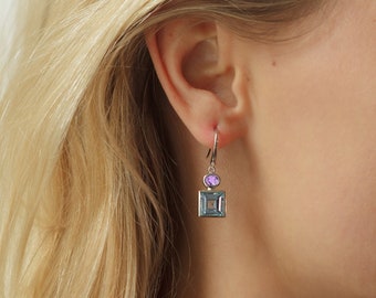 Blue Topaz Earring, Silver Hook Earrings with Natural Blue Topaz and Amethyst Gemstones, Drop Earring, 925 Silver