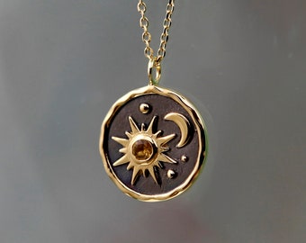 Pendentif soleil et lune en or vermeil 18 carats avec citrine naturelle, croissant de lune, bijoux célestes, symbole féminin