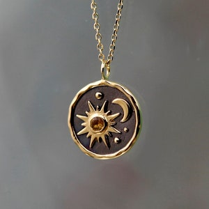 18k Gold Vermeil Sun And Moon Pendant With Natural Citrine Gemstone, Crescent Moon, Celestial Jewellery, Feminine Symbol