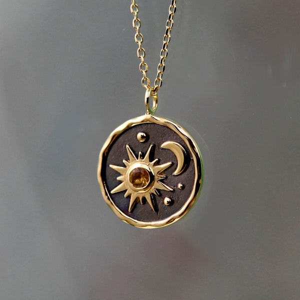 18k Gold Vermeil Sun And Moon Pendant With Natural Citrine Gemstone, Crescent Moon, Celestial Jewellery, Feminine Symbol