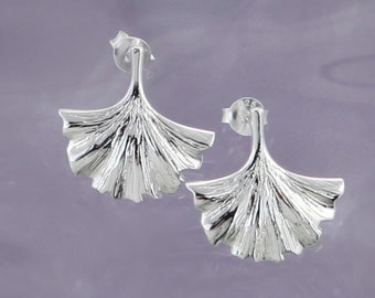 Sterling Silver Ginkgo Leaf Stud Earrings: Botanical Jewelry