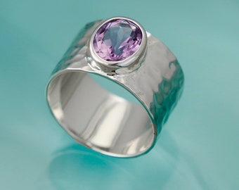 Sterling Silver Ring With Natural Amethyst Gemstone, Wide Hammered Band, Solitaire Ring, Cocktail Ring, February Birthstone