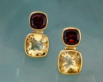 18k Gold Vermeil Stud Earring With Natural Citrine And Garnet Gemstones, Statement Earrings, Natural Gemstone Gold Earrings