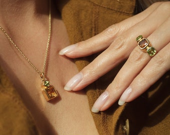 Gold Citrine Ring, Cocktail Ring With Natural Citrine And Peridot Gemstones, Gold Vermeil, Statement Jewellery