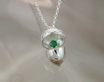 Silver Acorn Pendant, Acorn Locket, Emerald Necklace, Message Jewellery, Genuine Gemstone Necklace, 925 Silver, May Birthstone Necklace