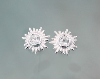 Sun Earrings In Sterling Silver With Natural White Topaz Gemstone, Stud Earring, White Topaz Energy Stone, Little Post Earring