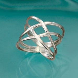 Large Silver Band Ring With Criss Cross Design, Wide Ring, Muti-Band Ring, 925 Silver image 2