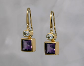 Amethyst Earring, Gold Hook Earrings with Natural Blue Topaz and Amethyst Gemstones, Drop Earring, 18K Gold Vermeil