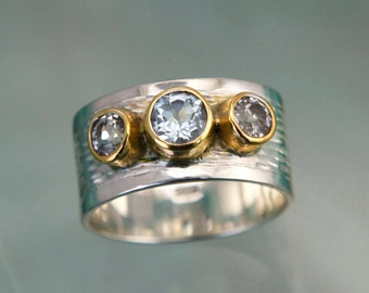 Sterling Silver Ring With Natural Blue Topaz and White Topaz Gemstones, Wide Textured Band, Statement Ring, 925 Silver