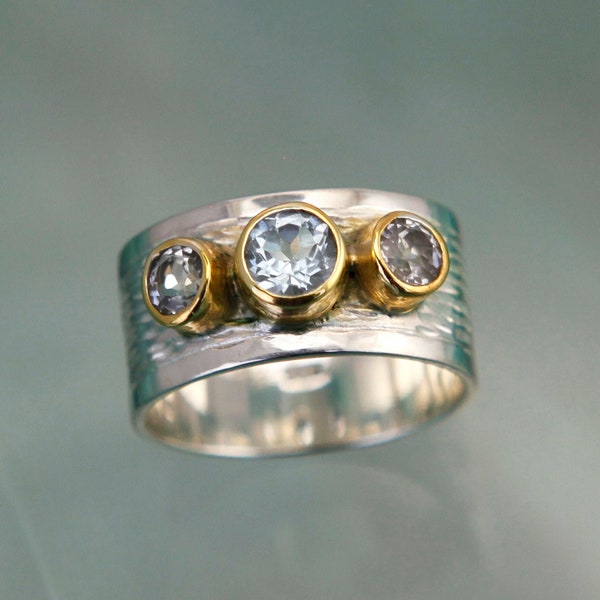 Sterling Silver Ring With Natural Blue Topaz and White Topaz Gemstones, Wide Textured Band, Statement Ring, 925 Silver