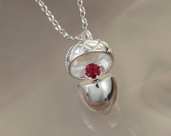 Silver Acorn Pendant Necklace With Natural Ruby, Acorn Locket, 925 Silver Pendant, Nature Inspired, Birthstone Necklace