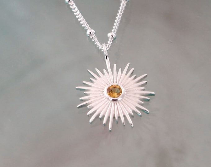 Sun Necklace With Natural Citrine Gemstone In Sterling Silver, Celestial Jewellery, November Birthstone, Natural Energy Stone
