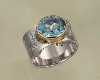 Sterling Silver Ring With Natural Blue Topaz Gemstone And 18k Gold Vermeil Detail, Solitaire Ring, Wide Silver Band, Statement Ring