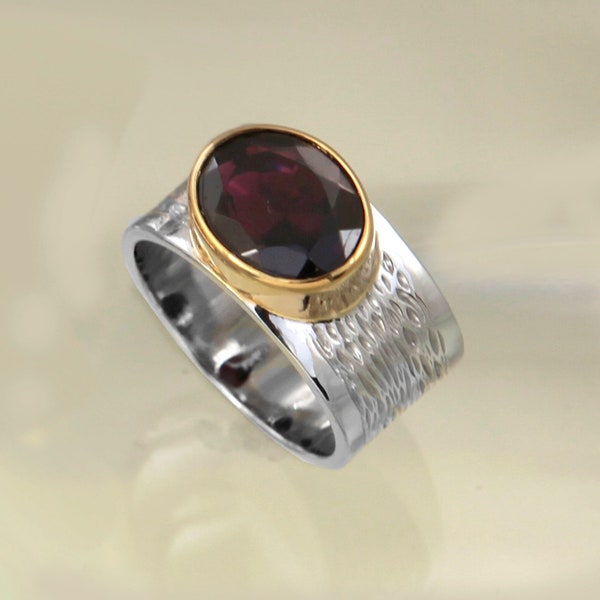 Large Natural Garnet Ring, Sterling Silver Cocktail Ring, Red Garnet Ring,  Statement Ring, 925 Silver And Gold