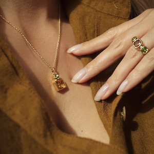 Natural Citrine and Green Peridot Pendant, 18k Gold Vermeil, 45cm Gold Chain, November Birthstone Jewellery, Square Cut Natural Gemstone