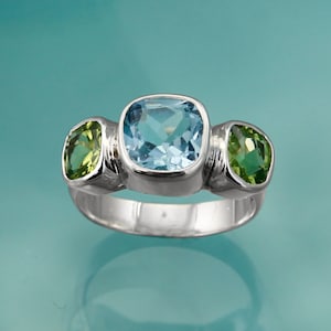 Blue Topaz and Peridot Ring, Natural Gemstone Silver Ring, Statement Ring, Cocktail Ring, 925 Silver image 2