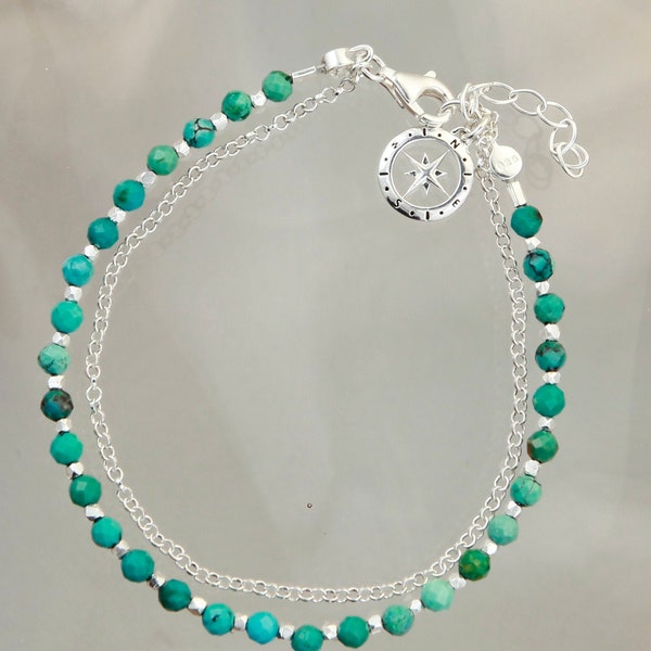 Sterling Silver and  Natural Turquoise Bracelet with Charm, Friendship Bracelet, Healing Stone, December Birthstone, Lucky Charm Jewellery