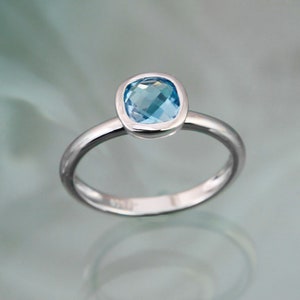 Silver And Blue Topaz Gemstone Ring, Genuine Gemstone, Square Cushion Cut Topaz, Solitaire Ring