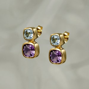 Gold Amethyst Stud Earrings, 18K Gold Vermeil Amethyst and blue Topaz Earring, Demi-Fine Earrings