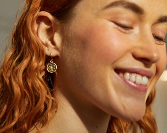 18k Gold Vermeil Sun and Moon Earrings, Natural  Citrine earring, Celestial Earring, Gold Hook Earring