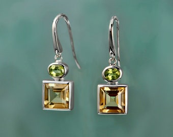 Silver Hook Earring With Citrine and Peridot Gemstones, Dangle Earring, Birthstone Earring, 925 Silver