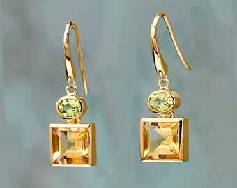 Gold Earring With Citrine and Peridot Stones, Gemstone Hook Earrings, Natural Stones, November Birthstone, Drop Earring, Gold Vermeil