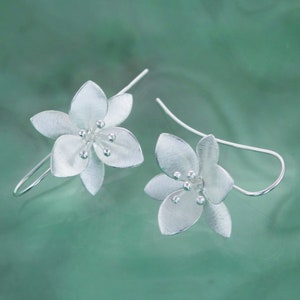 Silver Flower Hook Earring, Large Drop Earring, Brushed Silver, Earrings For Brides, Floral Earrings
