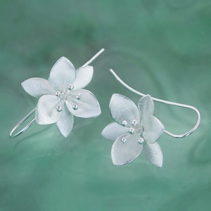 Sterling Silver Flower Hook Earrings: Brushed Satin Floral Drops