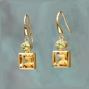 Gold Earring With Citrine and Peridot Stones, Gemstone Hook Earrings, Natural Stones, November Birthstone, Drop Earring, Gold Vermeil